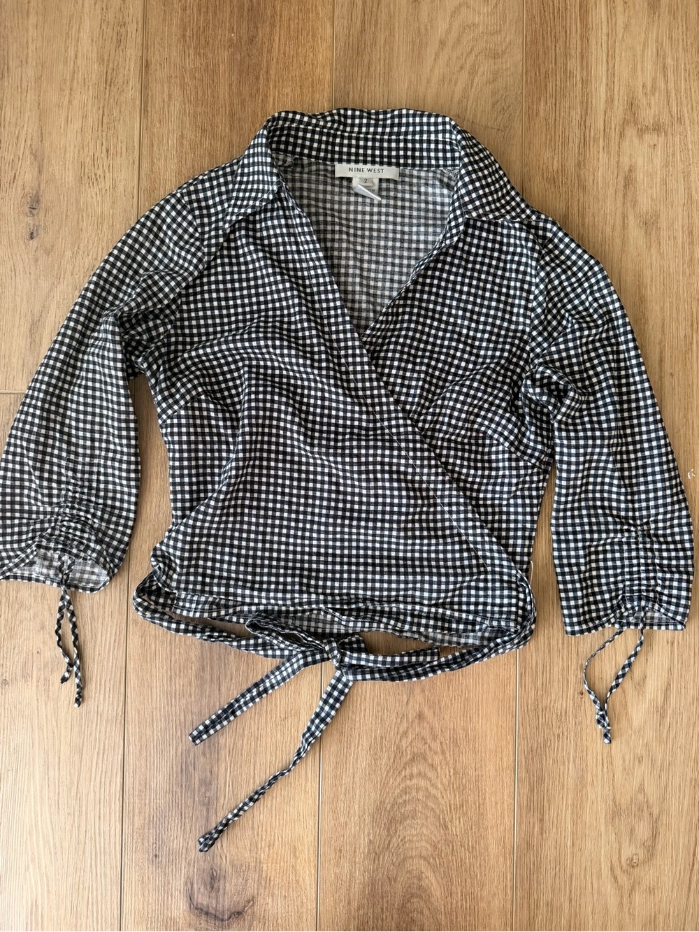 Nine West Vintage Black & White Gingham Wrap Top 100% Cotton